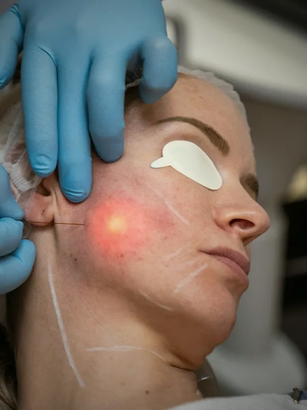Procedimento de Endolift no rosto: a fibra do laser na linha da mandíbula e a cliente com protetor nos olhos